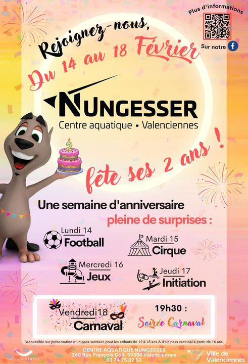 [🎂🎂2 ANS🥳] le Centre aquatique Nungesser fête ses 2 ans ! 🎂 et vous propose, du lundi 14 février au vendredi 18 février, une semaine d’anniversaire pleine de surprises. 
ℹ RDV sur la page du Centre aquatique Nungesser pour connaitre la programmation complète 🎉🎂🥳😉