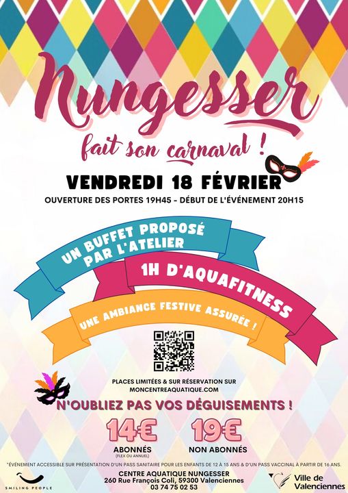 [🎂 2 ANS 🎂] Votre Centre aquatique Nungesser fête ses 2 ans le Vendredi 18 Février à 19h45 ! 
Une soirée sur le thème du carnaval avec une ambiance festive assurée,  alors, serez-vous de la partie pour fêter les 2 ans de votre Centre aquatique Nungesser ? 😍 (N’oubliez pas votre déguisement !) 🥳
Au programme : 
🏊‍♂️ 1h d’Aquafitness,
😋 Un buffet proposé par le restaurant l’Atelier de Nungesser,
🎉 Des animations tout au long de la soirée !
ℹ Découvrez les conditions et les tarifs sur leur page 👉 Centre aquatique Nungesser