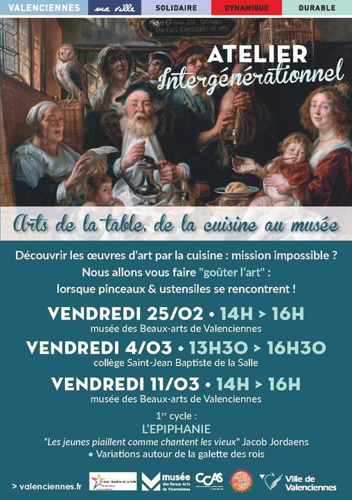 [ATELIER INTERGENERATIONNEL] Découvrir les oeuvres d’art par la cuisine : mission impossible ?🤔 
Et non…🤩 lorsque pinceaux 🖌 et ustensiles 🥣 se rencontrent, ça donne des ateliers.
▶️ RDV les vendredis 25/02, 4 et 11 mars.
▶️ Tarifs : 18€ par personne (3 séances)
ℹ️ Réservations et inscriptions au 03 27 22 57 20 – mba@ville-valenciennes.fr
