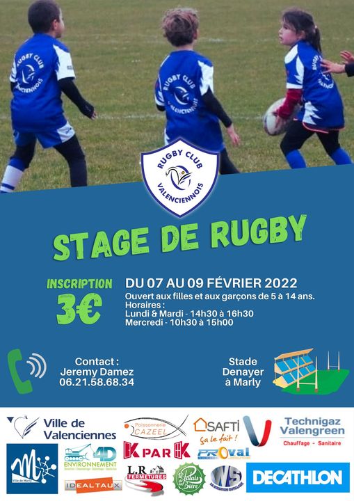 [🏉INFO🏉] Le Rugby Club Valenciennois propose du 7 au 9 février, un stage de rugby aux enfants de 5 à 14 ans.
+ d’infos sur la page Facebook du Rugby Club Valenciennois