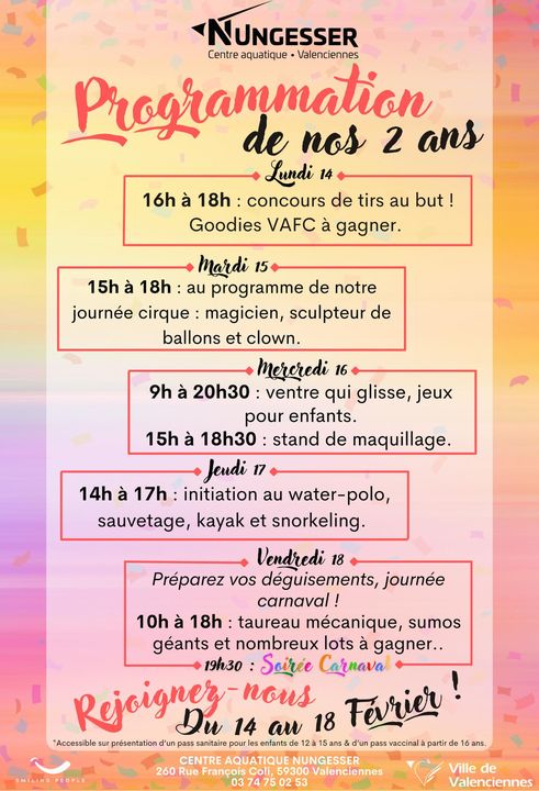 [INFO] Voici la programmation complète des animations que vous propose le Centre aquatique Nungesser pour fêter leur 2ème anniversaire 🎂👇
