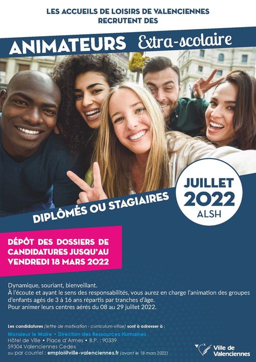 [INFOS] Dynamique 🏃‍♀️🏃, souriant 😀, bienveillant 👀, à l’écoute 👂,… au son de ces quelques mots tu te reconnais ?
📣 Alors cette annonce est pour toi 📣 ! 👍 La Ville de Valenciennes recrute des animateurs (trices) pour :
▶ la pause méridienne des scolaires. Tu es disponible ? alors tu as jusqu’au 28 février, pour déposer ta candidature,
▶ l’Accueil de Loisirs Sans Hébergement de juillet, tu cherchais justement un ALSH pour cet été. Alors cette annonce tombe super bien 😮, tu as jusqu’au 18 mars pour déposer ta candidature.
ℹ️ comment ? quand ? où ? toutes les infos sont ici 👉 https://www.valenciennes.fr/vie-municipale/vos-services-municipaux/la-mairie-recrute
et ici 😉👇