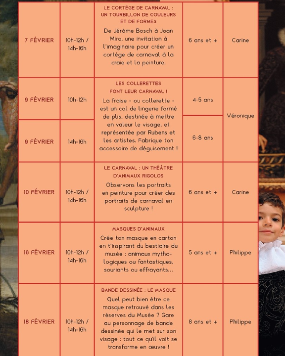 [🎭MUSEE🎭] Pour les vacances le Musée des Beaux-Arts de Valenciennes a concocté un programme carnavalesque pour vos enfants 🥳🎭
Offrez-leur des ateliers hauts en couleurs 🎭
👉 Tout le programme ici : https://fb.me/e/34LSDUzXz
ℹ Informations et réservations : 03 27 22 57 20 et mba@ville-valenciennes.fr