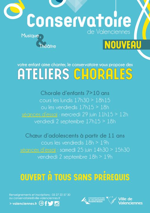 [🎶🎶🎶] Votre enfant aime chanter, le Conservatoire de Valenciennes vous propose des ateliers chorales.
👉 Séances d’essai :
▶pour les 7/10 ans : mercredi 29 juin et vendredi 2 septembre
▶à partir de 11 ans : samedi 25 juin et vendredi 2 septembre
ℹ👇🎶😉