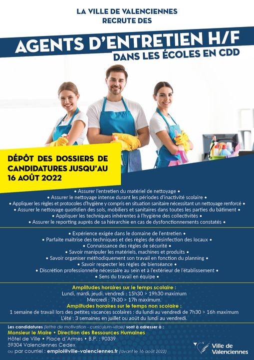 [INFO] 📣 ! 👍 La Ville de Valenciennes recrute des agents d’entretien pour :
▶ les écoles, en CDD. Vous êtes disponible ? Alors vous avez jusqu’au 16 août pour déposer votre candidature.
ℹ️ comment ? quand ? où ? toutes les infos sont ici 👉 https://www.valenciennes.fr/vie-municipale/vos-services-municipaux/la-mairie-recrute/
et ici 😉👇