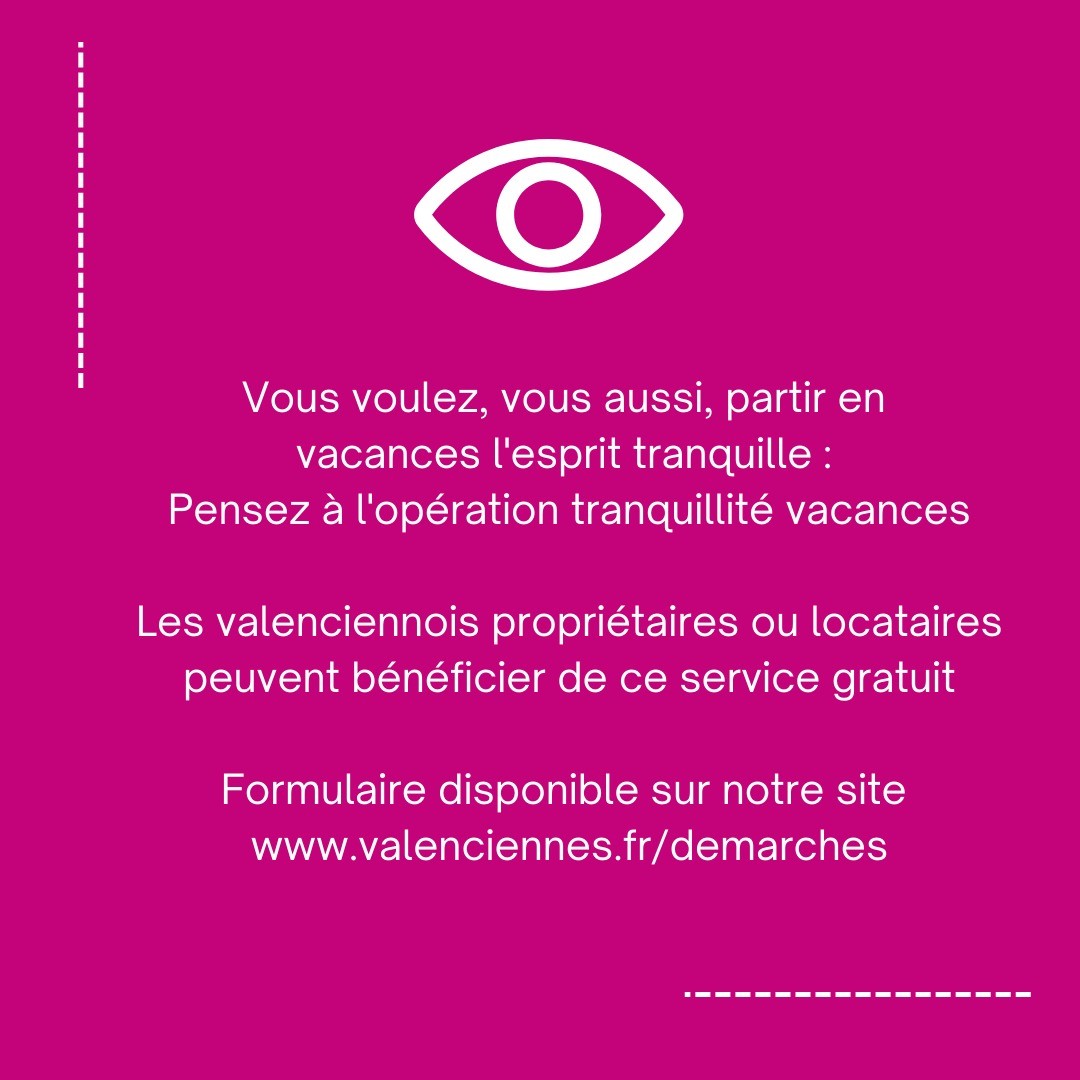 [ INFO VILLE ] Pour prévenir les cambriolages lors des absences estivales, des passages de la police municipale seront organisés au cours desquels les agents vérifieront que les portes et fenêtres sont bien fermées.

Remplissez le formulaire de demande en ligne : 
https://www.valenciennes.fr/demarches/hygiene-securite-salubrite/operation-tranquillite-vacances/

#surveillance #police #servicegratuit #vacances #valenciennes_maville