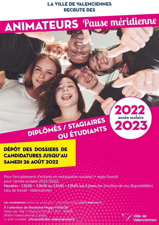 [INFOS] Dynamique 🏃‍♀️🏃, souriant 😀, bienveillant 👀, à l’écoute 👂,… au son de ces quelques mots tu te reconnais ?
📣 Alors cette annonce est pour toi 📣 ! 👍 La Ville de Valenciennes recrute des animateurs (trices) pour :
▶ la pause méridienne des scolaires pour 2022/2023. Tu es disponible ? alors tu as jusqu’au 26 août pour déposer ta candidature.
ℹ️ comment ? quand ? où ? toutes les infos sont ici 👉 https://www.valenciennes.fr/vie-municipale/vos-services-municipaux/la-mairie-recrute/
et ici 😉👇
