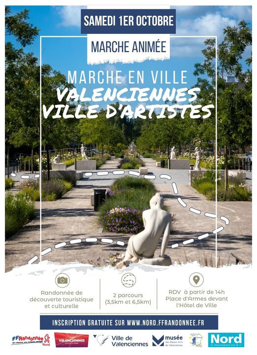 [COMPLET] Samedi 1er octobre, l’association Actif Hainaut Marche vous propose de participer à une randonnée touristique et culturelle en ville « Valenciennes ville d’artistes ».
▶️ Au programme 2 parcours accessibles à tous (3.5km ou 6.5km)
▶️ RDV à partir de 14h sur la place d’Armes, devant l’hôtel de ville 
+ d’infos 👉 https://www.valenciennes.fr/agenda/marche-en-ville/