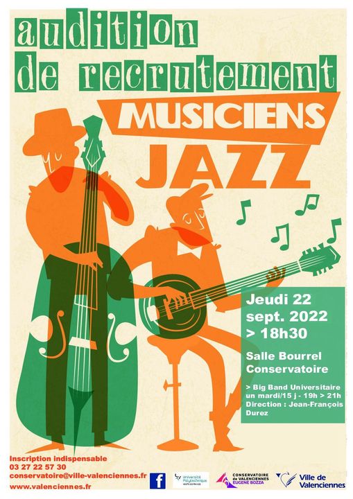 [INFO] Vous avez le jazz dans la peau 🎷 Vous souhaitez rejoindre le « Big Bang Universitaire », RDV jeudi 22 septembre à 18h30, salle Bourrel au Conservatoire de Valenciennes 
l’inscription est indispensable 👉😉 03 27 22 57 30
🎷 🎷 🎷 A vous de jouer 🎷 🎷 🎷