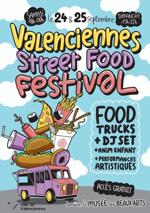 [😋VALENCIENNES A CROQUER😋] RDV le week-end du 24 & 25 septembre 🤩🥳 pour participer au 1er festival « Valenciennes Street food festival » 😋 rassemblant une dizaine de restaurateurs valenciennois 🤩. Du Brésil à l’Asie en passant par les USA ou encore l’Italie et la France, il y en aura pour tous les goûts😋
Dans une ambiance Live music orchestrée par le Sound Truck 😎, des animations pour les enfants et des performances artistiques.
ℹ️ 
QUAND 👉Samedi 24 septembre : 18h>00h et dimanche 25 septembre : 11h>22h
OU 👉 RDV au kiosque du musée des Beaux-Arts de Valenciennes 
INFOS 👉 https://www.valenciennes.fr/valenciennes-a-croquer/ 
Le programme de Valenciennes à croquer 👉 https://urlz.fr/jcIU