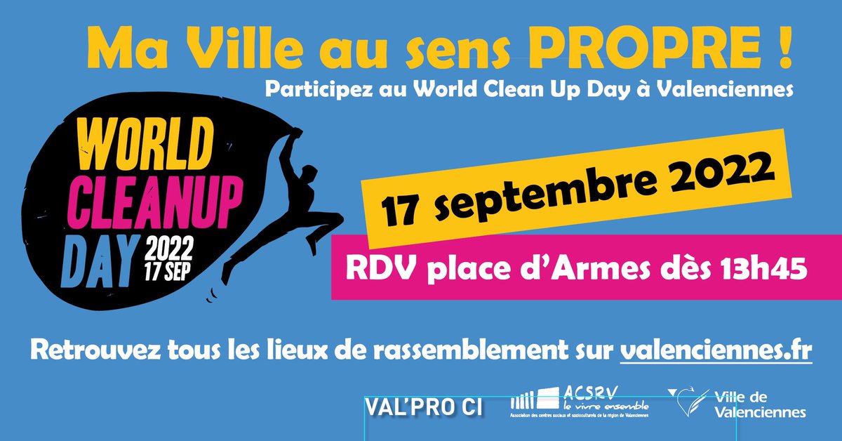 @WorldCleanupDay 
La Ville de #Valenciennes, Val Pro Ci et les maisons de quartier s’associent à la journée mondiale du #nettoyage de notre planète.
RDV le 17/09 à 13h45 place d’Armes ♻️

Retrouvez tous les lieux et horaires de rassemblement sur
👉