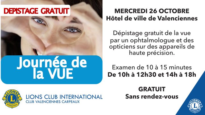 [🤓INFO🤓] Dans le cadre de la #journeemondialedelavue, le Lions Club Valenciennes Carpeaux vous donne RDV mercredi 26 octobre pour un dépistage gratuit de votre vue par un ophtalmologue et des opticiens sur des appareils de haute précision😏
+ d’infos 👇