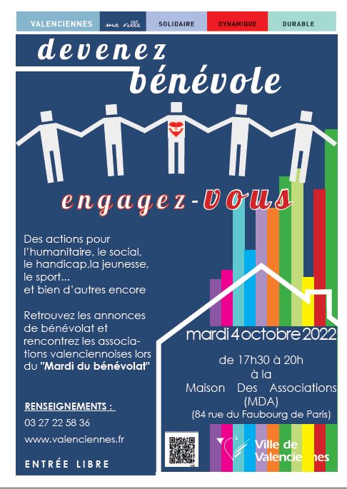 [INFOS] Devenez bénévole ! Engagez-vous ! 🫶
Des actions pour l’humanitaire, le social, le handicap, la jeunesse, le sport…et bien d’autres encore.
▶️ Retrouvez les annonces de bénévolat et rencontrez les associations valenciennoises lors du « Mardi du bénévolat » le 4 octobre de 17h30 à 20h à la Maison des associations Valenciennes, 84 rue du faubourg de Paris.