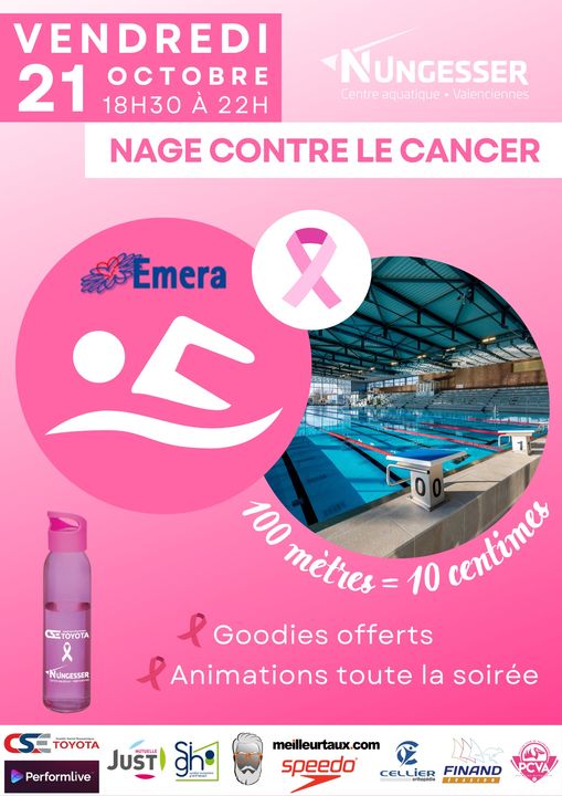 [💟#octobrerose2022💟] Le Centre aquatique Nungesser vous donne RDV vendredi 21 octobre de 18h30 à 22h, pour le défi « nage contre le cancer ».
▶️ Le Centre aquatique Nungesser vous attend nombreux afin de soutenir l’association Emera Équipe, 100 mètres nagés = 10 centimes récoltés ! 🏊
ℹ️ Au programme de la soirée, des animations et des goodies roses à gagner 🎀
Pas d’inscription nécessaire, RDV à partir de 18h30, en maillot de bain !