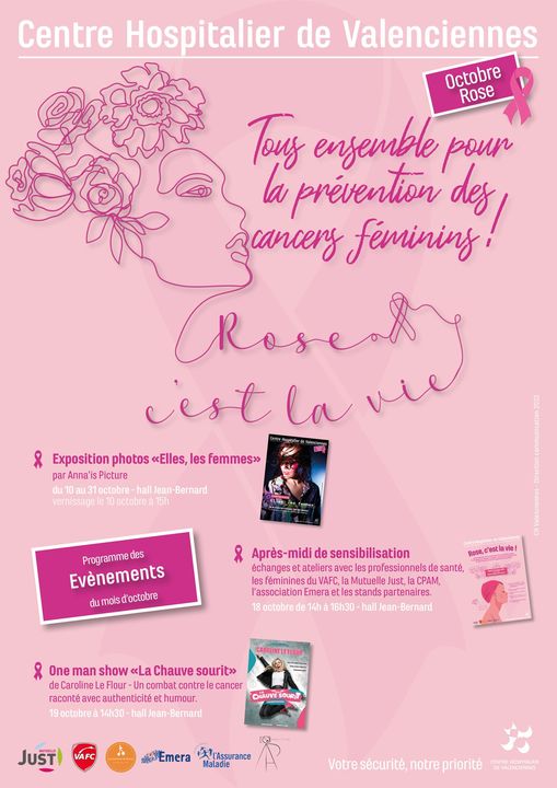 [💟#octobrerose2022💟] Le Centre Hospitalier de Valenciennes se mobilise et propose plusieurs actions de sensibilisation aux cancers féminins :
▶ jusqu’au 31 octobre, expos photos « Elles, les femmes » par Anna’is Picture 
▶ le 18 octobre de 14h à 16h30, après-midi de sensibilisation : échanges et ateliers avec les professionnels de santé
▶ le 19 octobre à 14h30, One Man Show intitulé « La Chauve Sourit » par Caroline Le Flour .
💟💟💟Tous mobilisés contre le cancer du sein !💟💟💟
👉 Retrouvez le programme 👉https://www.valenciennes.fr/agenda/octobre_rose/
