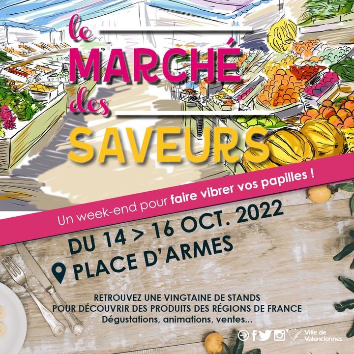 [😋VALENCIENNES A CROQUER 😋] Le marché des saveurs est de retour 🤩 ! 
👉 RDV du 14 au 16 octobre pour faire vibrer vos papilles !
▶️ Au programme, une vingtaine de stands seront installés sur la place d’Armes, vous pourrez ainsi découvrir les produits des régions de France : dégustations, animations, ventes,…
+ d’infos 👉