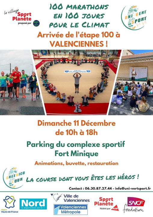 [🏃🏃‍♀️100 MARATHONS EN  JOURS🏃🏃‍♀️] Dans le cadre du #GreeNicoTour Nicolas Vandenelsken réalise 100 marathons en 100 jours pour le climat. 
▶La 💯ème et dernière étape se fera à Valenciennes dimanche 11 décembre.
▶Pour l’occasion l’association Uni-Vert Sport met en place un village sport planète de 10h à 18h sur le parking du complexe sportif Fort Minique
ℹ️ 👉Au programme de la journée :
– Ateliers de sensibilisation et expositions : sport, santé, environnement
– Animations avec musique,…
– Conférences
– Ramassage de déchets en marchant ou en courant
– Sensibilisation au tri
GreeNico Tour 
Uni-Vert Sport