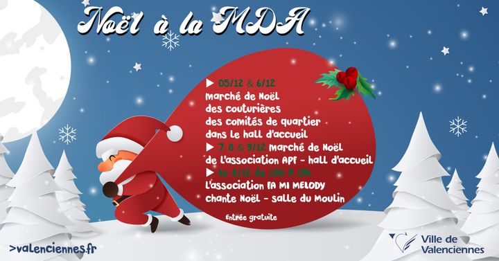 [🎄🎅MON BEAU NOËL A VALENCIENNES🎄🎅] Aujourd’hui commence l’événement « Noël à la Maison des associations Valenciennes ».
👉Les couturières de l’association des Comités de Quartiers de Valenciennes vous accueillent sur leur marché de Noël ! 
👉Vous êtes à la recherche de cadeaux pour vos proches 🤔, ne cherchez plus🤩, les couturières ont créé de beaux objets avec leurs doigts de fée le tout avec des tissus de récupération.
ℹ️🎅lundi 5 et mardi 6/12 de 9h à 12h30 et de 13h30 à 18h30
dans le hall d’accueil de la MDA.