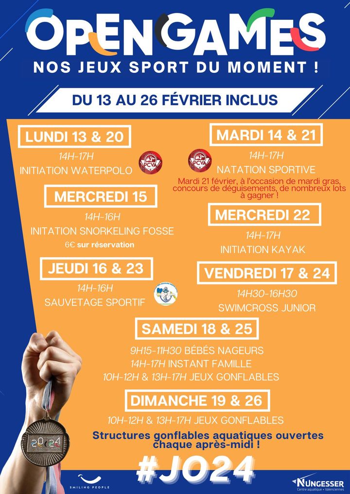 [OPEN GAMES] Jusqu’au 26 février, le Centre aquatique Nungesser vous propose les Open Games* 🏊‍♀️🥳
Au programme :
👉 Des initiations aquatiques, des épreuves ludiques et sportives,
👉 Une ambiance bienveillante et amusante pour des vacances sur le thème du sport !
👉Pour mardi gras, le mardi 21 février, venez déguisés et tentez de remporter de nombreux cadeaux ! 🎁
* places limitées, activités et initiations sans réservation, sauf pour le snorkeling à réserver sur https://moncentreaquatique.com (rubrique snorkeling).