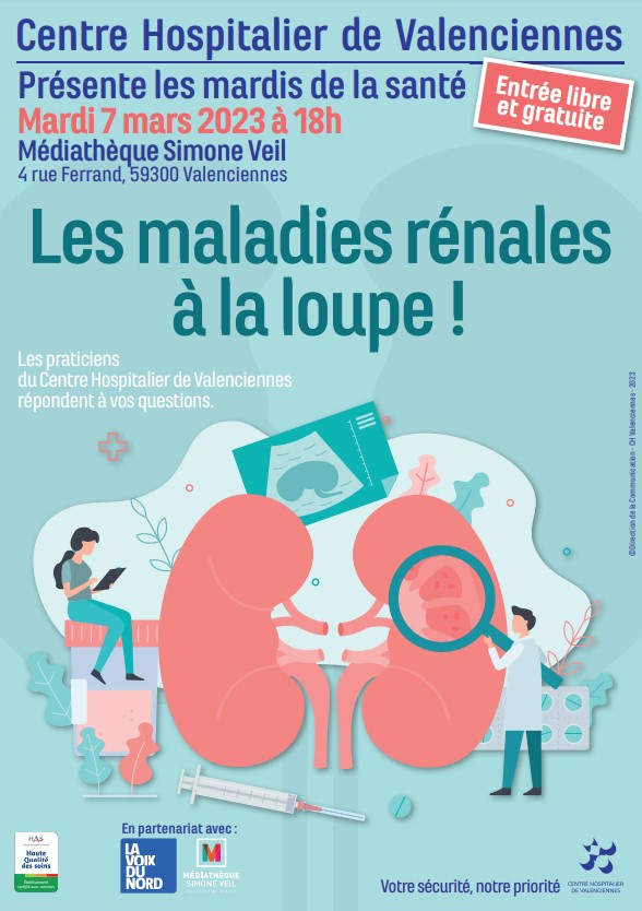 [MARDIS DE LA SANTE] RDV à la Médiathèque Simone Veil – Valenciennes mardi 7 mars à 18h pour un #mardidelasante : Les maladies rénales à la loupe !
▶️organisé par le Centre Hospitalier de Valenciennes. Comme chaque 1er mardi du mois, des médecins et spécialistes sont présents pour répondre à vos questions de santé, en accès libre.