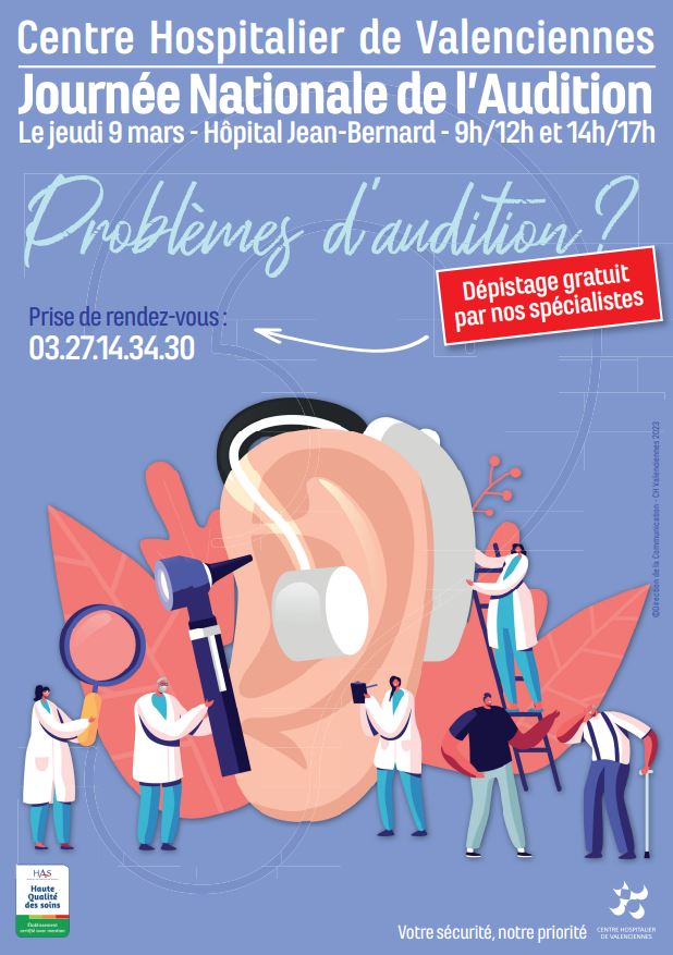 [RDV] Problèmes d’audition ? RDV jeudi 9 mars à l’hôpital Jean-Bernard, de 9h à 12h puis de 14h à 17h. Si vous souhaitez bénéficier d’un dépistage gratuit de la baisse de l’audition vous serez reçus gratuitement par les ORL de l’établissement au rez-de-chaussée / secteur 1 des consultations. 
ℹ️ Une prise de RDV doit être réalisée auprès du secteur de consultations au 03 27 14 34 30).