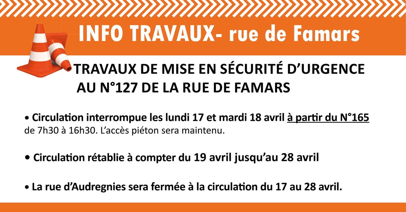 ⚠️ 🚧🚧 A compter du lundi 17 avril, les services de la Ville procéderont à des travaux de mise en sécurité d’urgence de l’immeuble situé au 127 rue de Famars. 🚧🚧

✅ Vos commerces restent accessibles en voiture depuis la place jusqu’au no 165. 
✅ Déviation de la circulation par la rue de la Barre