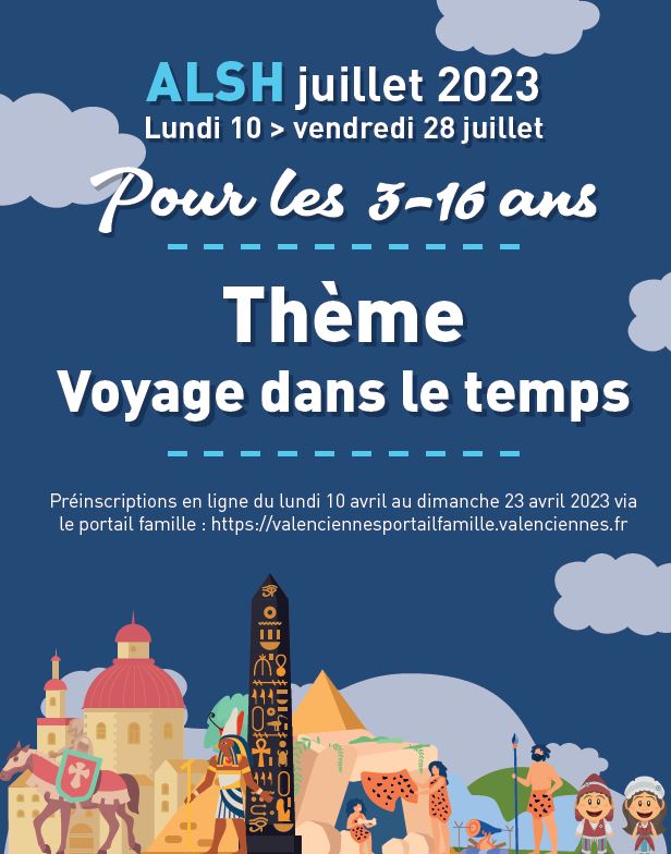 [ALSH🌞] Dernière ligne droite pour inscrire vos enfants aux accueils de loisirs « Pierre de Lune & Planète Soleil ». 
▶ ❗️ Les préinscriptions se terminent dimanche 23 avril ❗️😉
Les accueils de loisirs permettent à votre enfant de sortir de son quotidien, découvrir d’autres lieux, vivre des expériences nouvelles. Alors pas d’hésitation 🤩😉
+ d’infos 👉https://www.valenciennes.fr/preinscriptions-en-alsh-voyage-dans-le-temps/