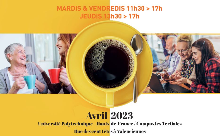 [☕️CAFE RELAIS☕️] C’est dans une ambiance chaleureuse et accueillante qu’un(e) professionnel(le) du CCAS vous attend ! 
RDV à l’université polytechnique – Campus les Tertiales, rue des Cent-têtes, les mardis et vendredis de 11h30 à 17h et les jeudis de 13h30 à 17h.
▶️ Le ➕ du café relais : 
✅ vous pouvez assister aux RDV thématiques :
👉 Vendredi 21 avril de 13h45 à 16h45 – Temps jeux seniors/étudiants
+ d’infos 👉 https://www.valenciennes.fr/agenda/