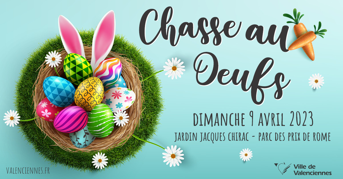 [🐣🐣CHASSE AUX OEUFS🐣🐣] Derniers jours pour inscrire vos enfants à la chasse aux oeufs du dimanche 9 avril ! 🥚🥚🥚
👉 Au programme : jeux gonflables, ateliers de dessins et fabrication de petites gourmandises🐥🐥🐥 
ℹ️  Inscrivez-vous avant le 7 avril, en cliquant sur le lien suivant : https://www.valenciennes.fr/inscription_paques/ 
Venez nombreux !🐰
+ d’infos : https://www.valenciennes.fr/agenda/petits-valenciennois-preparez-vous-a-la-chasse-aux-oeufs/