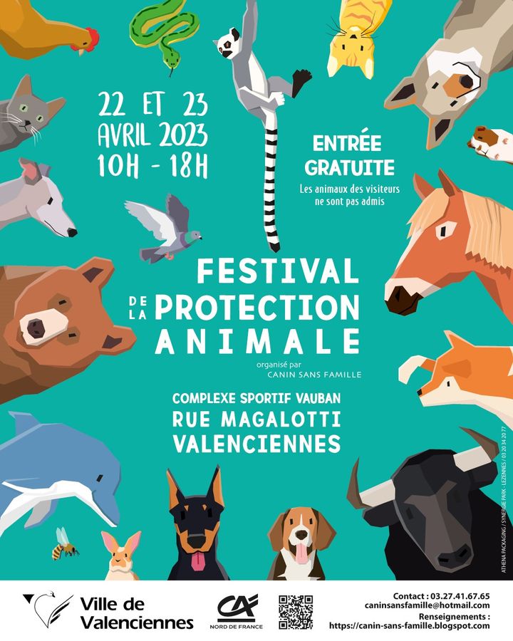 [FESTIVAL🐰🐴🐮 ] RDV les 22 et 23 avril de 10h à 18h au complexe sportif Vauban de Valenciennes (rue Magalotti). L’association Canin Sans Famille organise la 3ème édition du « Festival de la protection animale ».
👉 Au programme : de nombreux stands d’information sur la protection animale et les métiers animaliers, petit marché vegan, conférences,…
👉 C’est l’occasion de passer un beau moment de partage ! Entrée gratuite
+ d’infos : https://www.valenciennes.fr/agenda/festival-de-la-protection-animale/