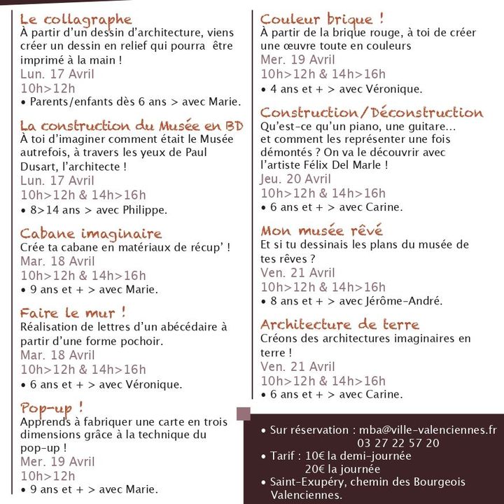 [INFO] Les vacances d’avril approchent, le Musée des Beaux-Arts de Valenciennes vous attend sur la thématique de la construction 🧱
🎨 Le programme est en ligne, ne tardez pas à réserver 
📞 Infos & réservations : 03 27 22 57 20 et mba@ville-valenciennes.fr
👉 https://musee.valenciennes.fr/activites/