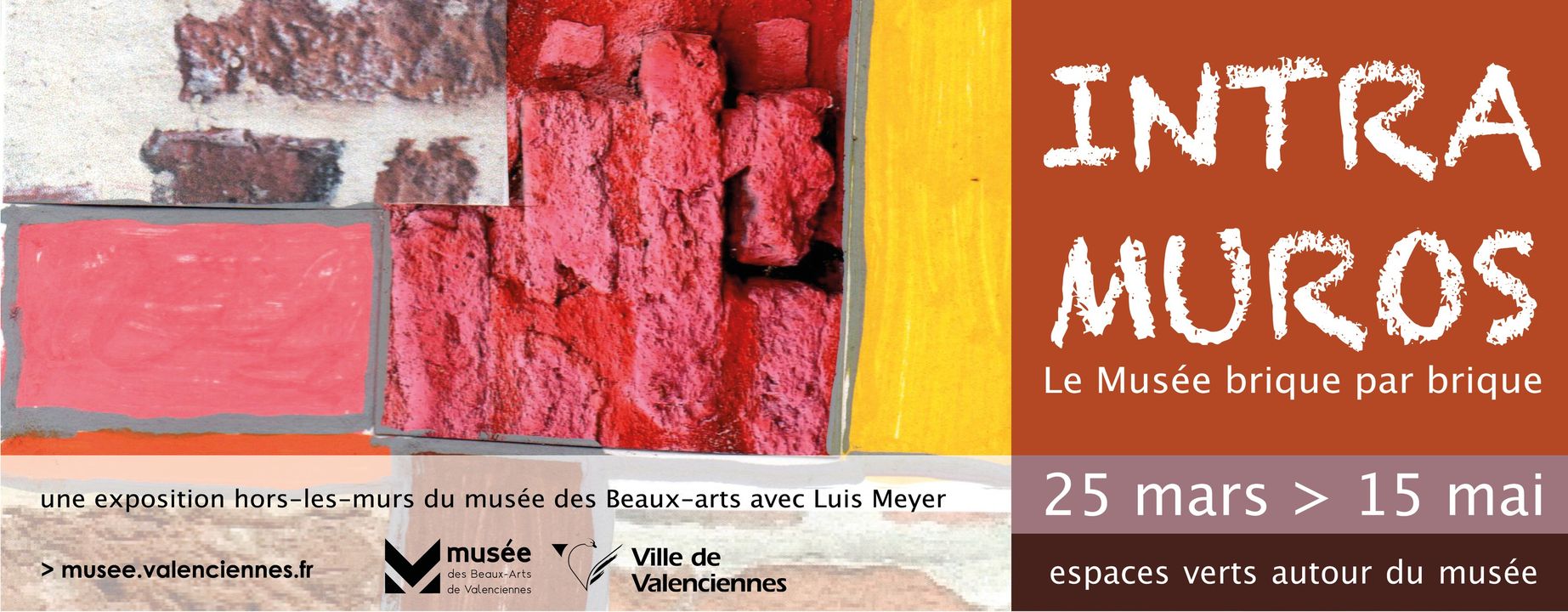 [INTRA MUROS] Jusqu’au 15 mai, une expo pour s’intéresser au Musée… brique par brique !
Le printemps 2023 verra le lancement de chantier de rénovation du Musée des Beaux-Arts de Valenciennes. Et si c’était l’occasion de regarder autrement le bâtiment ?
À cette occasion, le Musée des Beaux-Arts de Valenciennes invite l’artiste Luis Meyer pour une proposition contemporaine inédite. Habitué des murs du Nord, celui-ci nous invite à poser un regard nouveau sur ce matériau si omniprésent qu’on ne le voit plus vraiment.
ℹ️ Abords du Musée, accès libre et gratuit
▶️Visites guidées gratuites : 1er, 8, 15, 22, 29 avril > 15h
▶️Visite guidée gratuite avec l’artiste : 6 mai > 15h