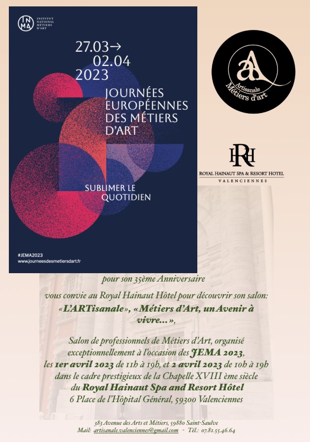 [RDV] L’Artisanale, métiers d’Art, un avenir à vivre….
Les 1er et 2 avril, 22 professionnels de Métiers d’Art vous accueillent pour le 35ème anniversaire de l’association ARTisanale, à l’occasion des Journées Européennes des Métiers d’Art dans la Chapelle XVIIIème siècle du Royal Hainaut Spa & Resort Hôtel
▶Le 1er/04 : de 11h à 19h
▶Le 2/04 : de 10h à 19h
👉Voici la liste des professionnels :
https://www.valenciennes.fr/agenda/lartisanale-metiers-dart-un-avenir-a-vivre/