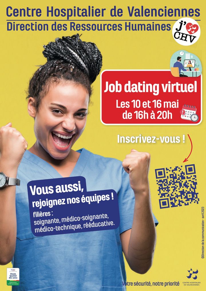 [RDV] Les 10 mai et 16 mai de 16h à 20h pour l’événement « Job Dating Virtuel » du Centre Hospitalier de Valenciennes ! 
Le CHV recrute pour une large diversité de métiers (IDE, IBODE, IADE, IPDE, manipulateur radio, technicien de laboratoire, kinésithérapeute, sage-femme, préparateur en pharmacie, ergothérapeute, psychologue, psychomotricien). 👍
▶️ Pour participer, remplissez le formulaire ci-dessous. 👇
https://forms.gle/hQMY1RCei3dBxqSK8