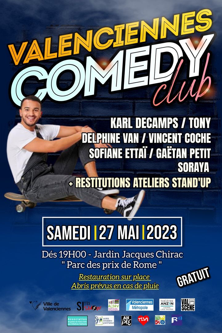 [🤣RDV🤣] Samedi 27 mai dès 19h au jardin Jacques Chirac, parc des Prix de Rome pour la 2éme édition du Valenciennes Comedy Club 🤩 avec un plateau de 7 humoristes présenté par MAHÉ du Jamel Comedy Club.
ℹ L’ Association SI T’ES SHOW -depuis 2006 à l’initiative de ce bel événement, installe pour l’occasion une buvette avec une petite restauration, l’ensemble des bénéfices sera redistribué aux étudiants en précarité 
+ d’infos sur leur page 👉Association SI T’ES SHOW -depuis 2006