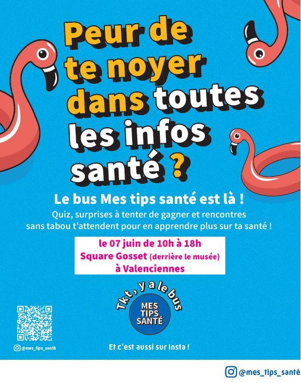 [INFO] Le bus « Mes tips santé » de l’Assurance Maladie fait étape à Valenciennes aujourd’hui de 10h à 18h, square Gosset, derrière le musée. Les jeunes de 18 à 25 ans sont invités à monter à bord pour tout savoir sur leur santé, sans tabou. Quiz, surprises et cadeaux à gagner !
▶️Au programme :
👉un quiz santé pour défier ses amis et tenter de gagner une surprise ;
👉un espace vidéo pour poser sa question santé (sans tabou) sur le compte Insta @mes_tips_sante 
👉des animations et des conseils sur la prévention santé (sexualité, addictions, santé mentale, M’T dents…) ;
👉un espace extérieur aménagé pour flâner, écouter de la musique et faire des selfies.
+ d’infos : https://www.ameli.fr/hainaut/assure/actualites/le-bus-mes-tips-sante-est-valenciennes-le-07-juin