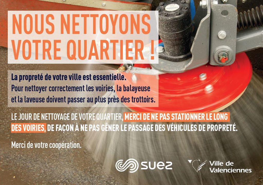 [🚧INFO🚧] Pour compléter l’entretien et le balayage quotidien de l’espace public, la ville de Valenciennes procède à un lavage de fond des rues. 
▶️ Les 399 rues de la ville bénéficieront de ce lavage intensif une fois par an, les axes de grands passages seront lavés 2 fois par an.
▶️ Pour nettoyer correctement les voiries, la laveuse doit passer au plus près des trottoirs – Le jour de lavage de votre quartier, merci de ne pas stationner le long des voiries.
▶️ Des tracts seront déposés dans les boites aux lettres des riverains concernés
ℹ️ Voici le détail des dates de passage par quartier pour les mois de mai, juin et juillet 👇