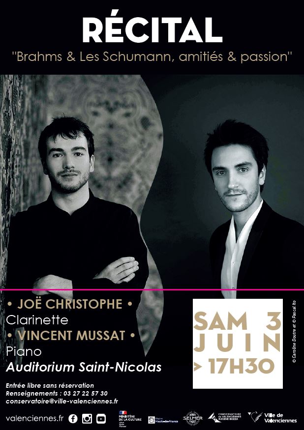 [🎼🎼🎼] Week-end musical en perspective, vos RDV :
▶ samedi 3 juin – 17h30 à l’Auditorium Saint-Nicolas pour assister au récital « Brahms et les Schumann, amitiés et passion » avec Joë Christophe pour la clarinette et Vincent Mussat pour le piano
▶ dimanche 4 juin – 16h à Le Phénix scène nationale Valenciennes pôle européen de création pour découvrir le concert d’été.