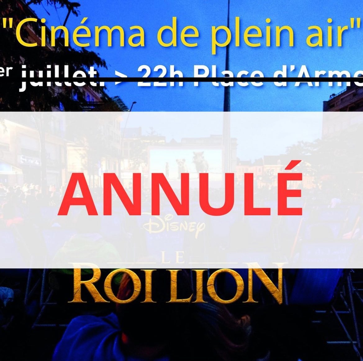 CINÉMA DE PLEIN AIR ANNULÉ 
Conformément aux recommandations des autorités, nous nous devons d’annuler la séance de cinéma de plein air prévue ce 1er juillet.
Nous vous remercions de votre compréhension. Nous vous communiquerons très vite la nouvelle date de diffusion.