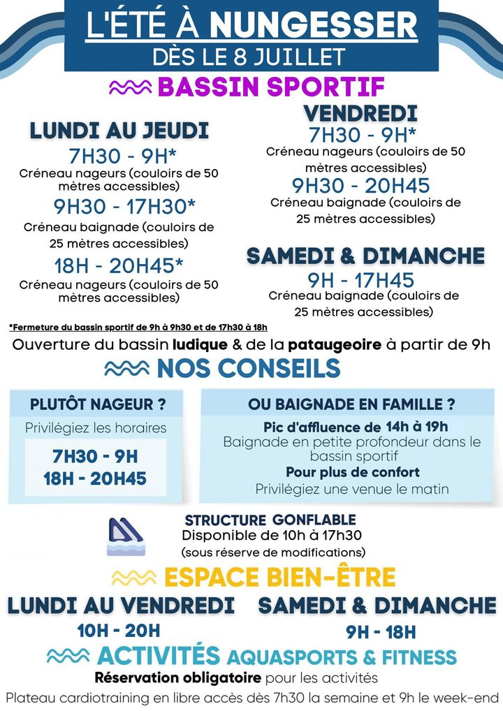 [🩱🌞🤿L’ÉTÉ À Centre aquatique Nungesser🩱🌞🤿]
À partir du 8 juillet, c’est l’été à Nungesser 😎☀️
Découvrez et profitez pleinement de votre visite au Centre aquatique Nungesser !
🔵 ESPACE AQUATIQUE 
🟢 ACTIVITÉS AQUATIQUES & FITNESS  
🟣 RESTAURANT
ℹ️ Toutes les infos👇