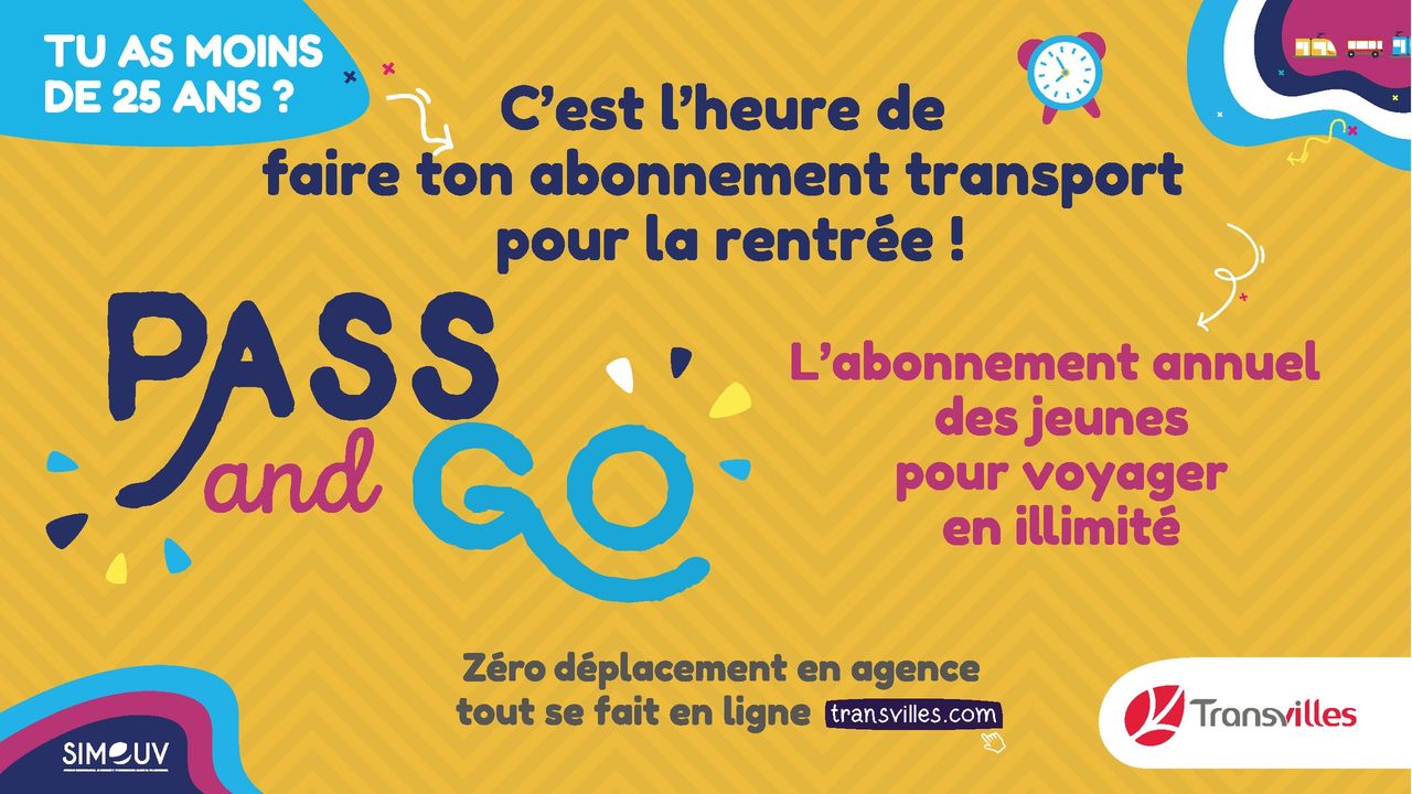 [PASS and GO] Vous avez moins de 25 ans ? Voyagez en illimité en bus, tram, et train TER toute l’année !
▶️Pas besoin de vous déplacer en agence, tous se fait en ligne 
ℹ️ Conditions, inscriptions et infos : https://www.transvilles.com/formulaire/