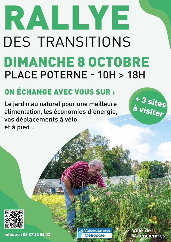 [🛴 J-3 🚲] RDV place Poterne, dimanche 8 octobre de 10h à 18h pour participer au rallye des transitions 😉️ 
👉Dans le cadre de la « semaine européenne du développement durable », de nombreux partenaires et la Ville vous invitent à échanger sur des solutions concrètes et pratiques pour la transition écologique du territoire.🛴 🚲
▶ Au programme : 
👉2 villages animés sur la place Poterne, des visites de plusieurs sites répartis dans Valenciennes. 
👉Vous pouvez participer au « Rallye » à pied, à vélo ou à trottinette. 
👉Des navettes sont également mises à votre disposition gracieusement pour vous permettre d’accéder aux pôles (inscription obligatoire au préalable à stouze@ville-valenciennes.fr).
👉A la pause déjeuner, la place Poterne accueille un foodtruck de produits de saison et régionaux, vous pourrez ainsi vous restaurer. 
➕ d’infos :
👉 les infos sur le site de la ville : https://www.valenciennes.fr/agenda/rallye-decouverte-des-transitions/
👉 Voici le programme : https://www.valenciennes.fr/wp-content/uploads/2021/12/A5-programme-rallye-des-transitions-2023-2.pdf
👉 le lien de l’événement (plan du parcours, visites,…) : https://fb.me/e/4LDWpHTcH
