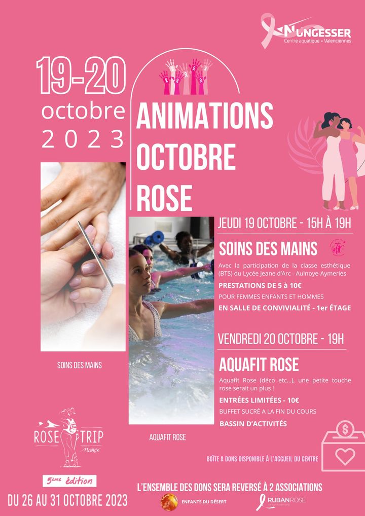 [#octobrerose] Les actions se poursuivent 🤩
👉RDV à la Médiathèque Simone Veil – Valenciennes pour découvrir l’expo : « 31 photographes, 31 visions du rose » en accès libre jusqu’au 30 octobre, dans le hall aux horaires d’ouverture de la médiathèque.
👉RDV au Centre aquatique Nungesser pour participer aux 2 animations proposées par votre centre :
💗 Jeudi 19 octobre : soins des mains par la classe de BTS esthétique du lycée Jeanne d’Arc – Aulnoye Aymeries de 15h à 19h
(Les prestations vont de 5 à 10€, l’ensemble des recettes sera reversé aux 2 associations) 
💗 Vendredi 20 octobre : Aquafit rose avec buffet sucré à la fin 
de 19h à 19h45 (Réservation obligatoire, entrée à 10€ – pour chaque entrée, 5€ seront reversés aux associations)
ℹ Réservation sur : https://moncentreaquatique.com/module-inscriptions/
Le Centre aquatique Nungesser met à l’honneur cette année le projet Trek Rose Trip et reversera l’ensemble des dons l’Association Enfants du Désert et Ruban Rose