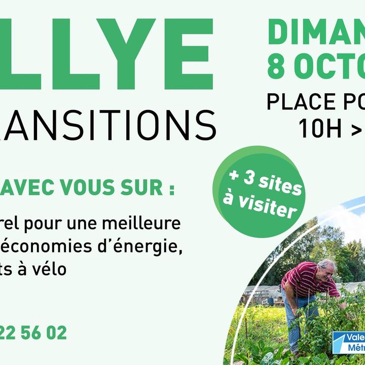 [🛴🚲RALLYE DES TRANSITIONS🛴🚲] RDV place Poterne, dimanche 8 octobre de 10h à 18h😉️ 
👉Dans le cadre de la « semaine européenne du développement durable », de nombreux partenaires et la Ville vous invitent à échanger sur des solutions concrètes et pratiques pour la transition écologique du territoire.🛴 🚲
▶ Au programme : 
👉2 villages animés sur la place Poterne, des visites de plusieurs sites répartis dans Valenciennes. 
👉Vous pouvez participer au « Rallye » à pied, à vélo ou à trottinette. 
👉Des navettes sont également mises à votre disposition gracieusement pour vous permettre d’accéder aux pôles (inscription obligatoire au préalable à stouze@ville-valenciennes.fr).
👉A la pause déjeuner, la place Poterne accueille un foodtruck de produits de saison et régionaux, vous pourrez ainsi vous restaurer. 
➕ d’infos :
👉 les infos sur le site de la ville : https://www.valenciennes.fr/agenda/rallye-decouverte-des-transitions/
👉 le lien de l’événement (plan du parcours, visites,…) : https://fb.me/e/4LDWpHTcH