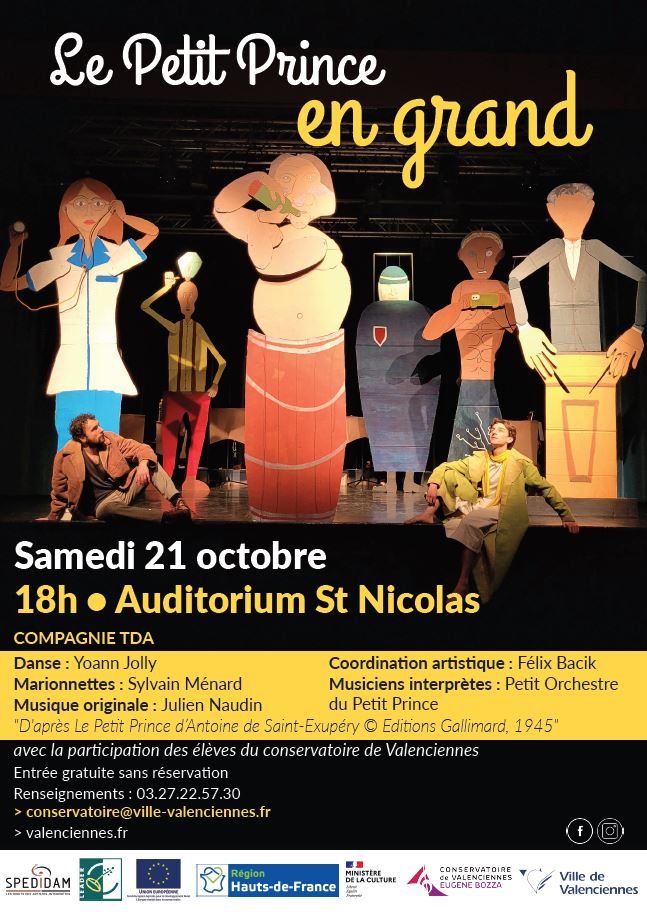 [SPECTACLE] RDV samedi 21 octobre à 18h, l’Auditorium Saint Nicolas accueille la création à la fois théâtrale, musicale et chorégraphique « Le Petit Prince en grand ».
▶️La pièce associe sur scène un danseur, un marionnettiste et neuf musiciens et s’inscrit dans un cycle artistique consacré au Petit Prince, chef-d’oeuvre universel d’Antoine de Saint-Exupéry.
+ d’infos 👇