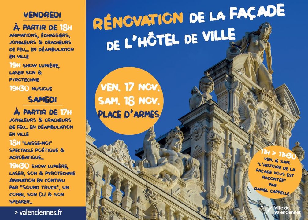 [🥳🤩] Après 19 mois de travaux, la façade de l’hôtel de Ville, que vous attendiez tous avec impatience, est prête à être dévoilée… 
🥳Venez donc célébrer cette transformation les vendredi 17 et samedi 18 novembre sur la place d’Armes 🥳
Voici toute la programmation 👇👇👇
