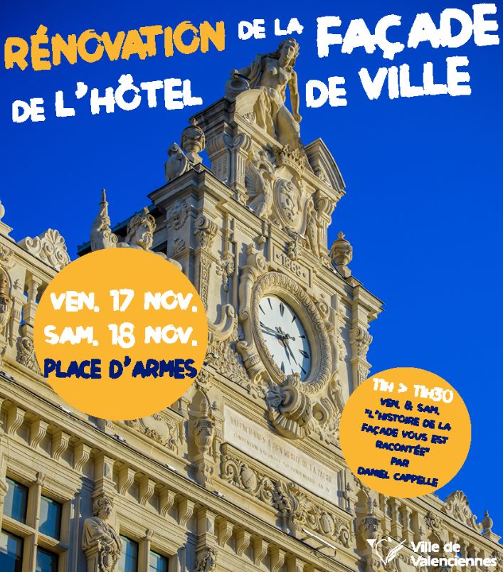 [😍 JOURJ 🥳] Venez célébrer la fin des travaux de rénovation de l’hôtel de ville dès aujourd’hui sur la place d’Armes 🥳
👉Voici toute la programmation des 2 journées :

📆 Vendredi 17 novembre
▶️11h : « l’histoire de l’hôtel de ville et sa façade racontée » par Daniel Cappelle
▶️17h : échassiers, cracheur de feu
▶️17h30 : spectacle « jongleur de feu et d’étincelles » 
▶️18h : spectacle aérien, poétique et féérique
▶️18h50 : échassiers, cracheur de feu
▶️19h10 : show lumière, pyromélodique, laser, feu d’artifices
▶️19h30 : musique et échassiers, cracheur de feu

📆 Samedi 18 novembre
▶️11h : « l’histoire de l’hôtel de ville et sa façade racontée » par Daniel Cappelle
▶️17h30 : cracheur de feu 
▶️17h30 : musique par Sound Truck un combi, son speaker et son DJ 
▶️18h : spectacle « jongleur de feu et d’étincelles »
▶️18h30 : cracheur de feu
▶️19h : show lumière et musique, laser, 
▶️️19h10 : musique par Sound Truck un combi, son speaker et son DJ 

On vous attend nombreux 🤩🥳🥳