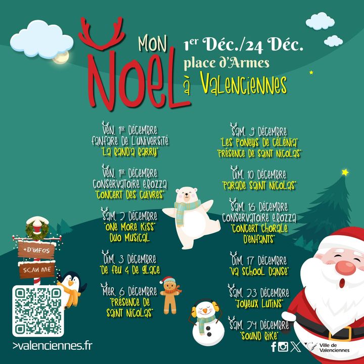 [🎄MON NOEL A VALENCIENNES🎅] On y est 🤩, c’est le JOUR J 🔔, place à l’émerveillement, RDV dès 18h, pour inaugurer le village de Noël et vivre ensemble un mois de magie. 
ℹ Pour ne rien rater👇
🎅Voici le programme : https://www.valenciennes.fr/mon-noel-a-valenciennes/
🎅Le lien de l’événement : https://fb.me/e/30gLJSHg4
🎅et votre 1er RDV, la Fanfare de l’université « la Band’ à Barry » à 17h 👇
HO ! HO ! HO ! On vous attend nombreux😉
#valenciennes_maville Mon Noël à Valenciennes Fédération des Boutiques de Valenciennes Artisanale Valenciennes