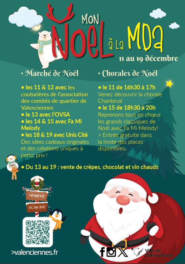 [🎅MON NOËL A VALENCIENNES 🎄] La Maison des associations Valenciennes, à l’approche des fêtes de fin d’année, vous invite du 11 au 19 décembre pour vous plonger dans la magie de Noël ✨
📍 Au programme 
👉Marché de Noël avec les couturières de l’Association des Comités de Quartiers de Valenciennes, l’ OVSA, Fa Mi Melody et Unis Cité Valenciennes 
👉Chorales de Noël
👉Vente de crêpes et chocolats chauds
+ d’infos 👇