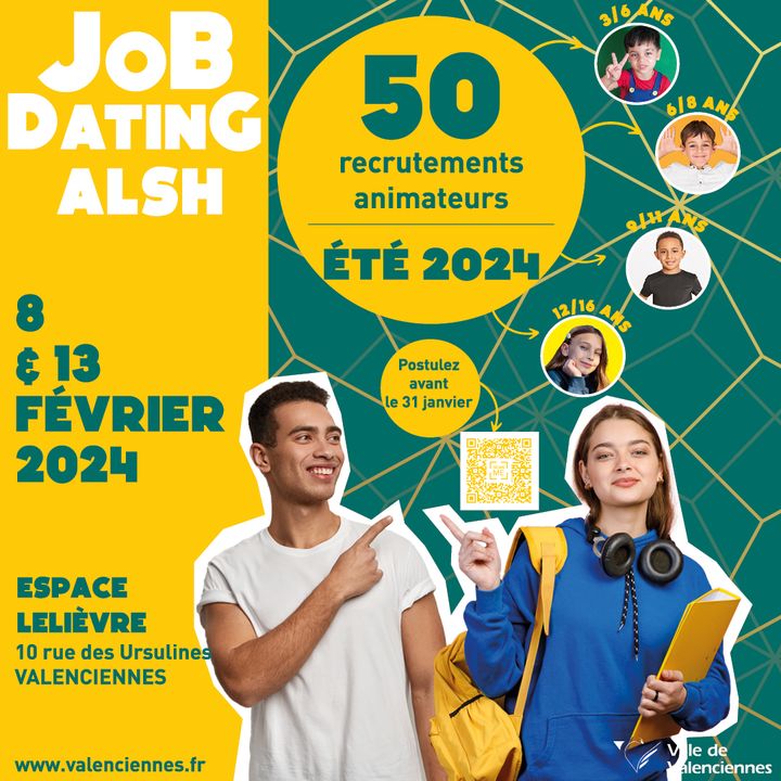 (La Ville de Valenciennes recrute] 50 postes d’animateurs sont à pourvoir pour encadrer les centres aérés d’été à Valenciennes !
👉Vous êtes âgé(e) d’au moins 16 ans, titulaire du BAFA/BAFD (ou autres diplôme équivalent), et l’encadrement de groupe d’enfants vous plait,
👉Vous aimez travailler en équipe, et participer à des animations funs et multiples,
👉Vous êtes rigoureux, dynamique et ponctuel et avez un bon sens du relationnel ? 
ℹ Alors postulez avant le 31 janvier 2024 en envoyant votre CV et lettre de motivation à l’adresse suivante : jobdating@ville-valenciennes.fr
👉Si votre profil est retenu, vous serez convoqué(e) à l’une des sessions de Job Dating prévues les 8 et 13 février 2024 à l’espace Lelièvre, 10 rue des Ursulines à Valenciennes.